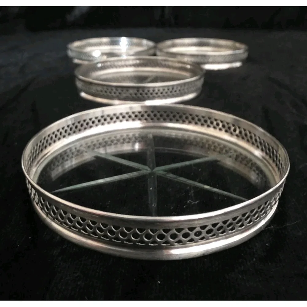 Set Of 4 Webster Sterling Silver Reticulated Cut Glass Starburst Coasters 3
